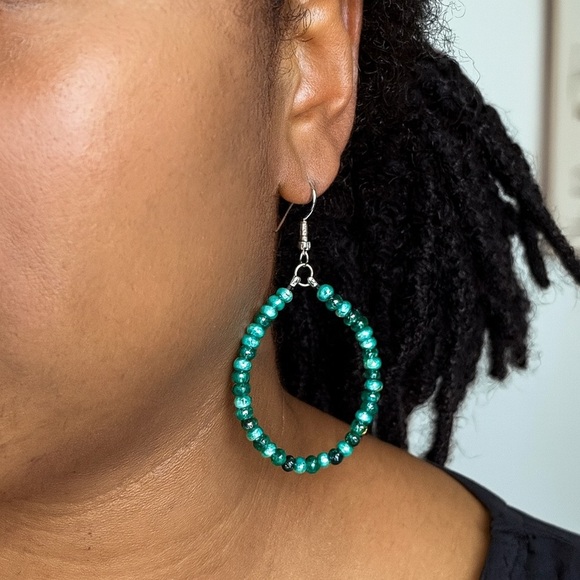 Chic Beaded Teal Hoop Earrings - Picture 1 of 3